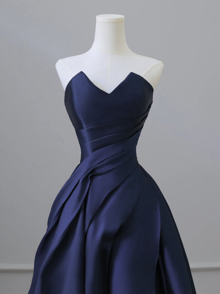 Elegant Dark Blue A-Line V-Neck Satin Long Prom Dress for Women | Formal Evening Gown for Homecoming, Wedding Guest & Special Occasions