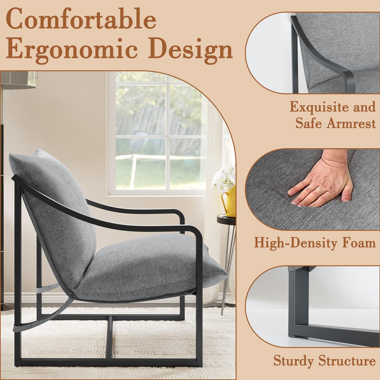 IDEALHOUSE Sling Accent Chair Set of 2 - Comfortable Fabric Lounge Chair with Sturdy Metal Frame, Modern Reading Armchair for Living Room & Bedroom - Easy Assembly (Grey) | Perfect for Small Spaces, Apartments, and Cozy Home Decor