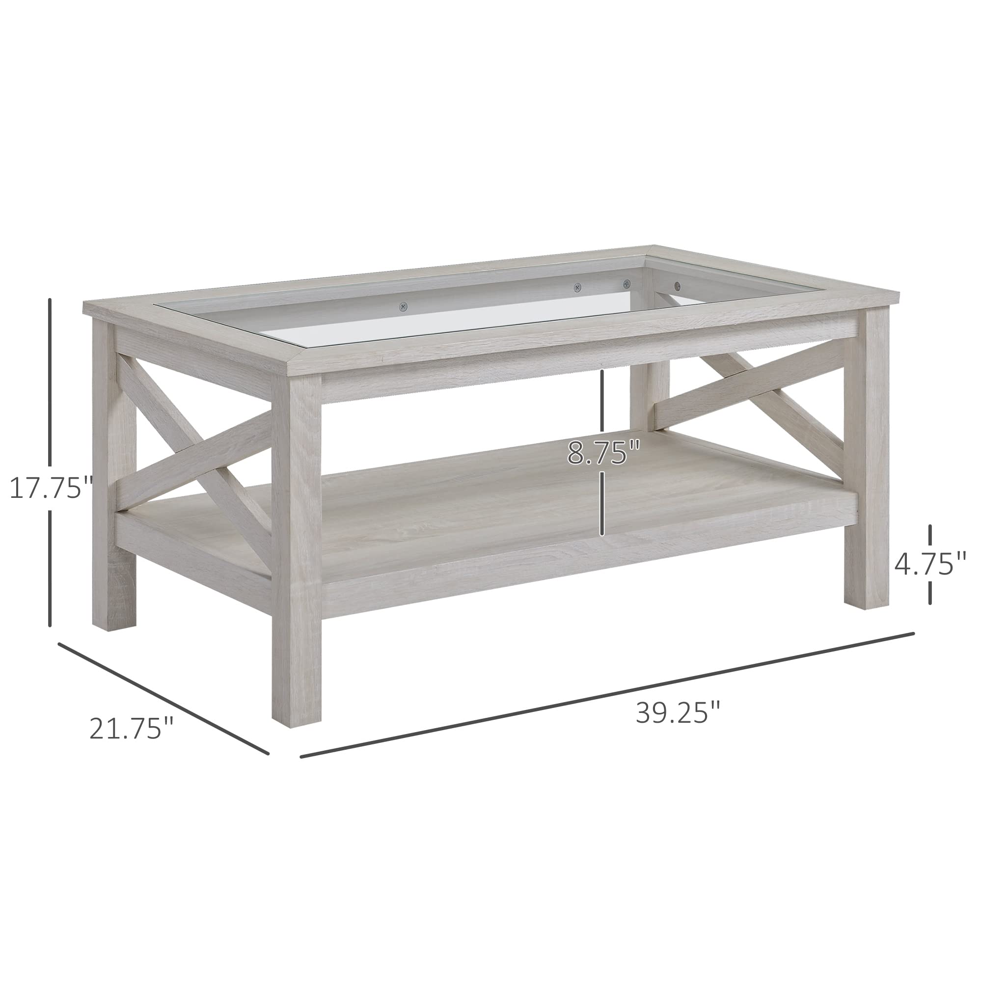 Farmhouse Style Coffee Table with Wood Frame & Tempered Glass Top - 39.25