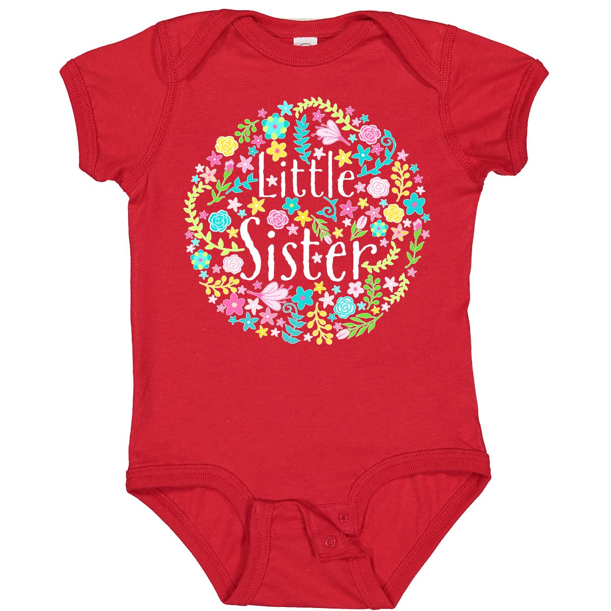 Inktastic Little Sister with Flower Circle Baby Bodysuit - Cute Floral Onesie for Newborns & Infants - Perfect for Family Photos, Baby Showers & Everyday Wear