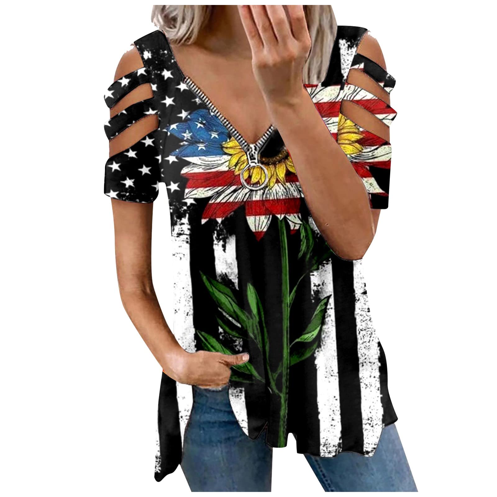 Women's Casual 4th of July Patriotic Print Short Sleeve T-Shirt - Comfortable Cotton Blouse for Independence Day Celebrations, BBQ Parties & Summer Outings