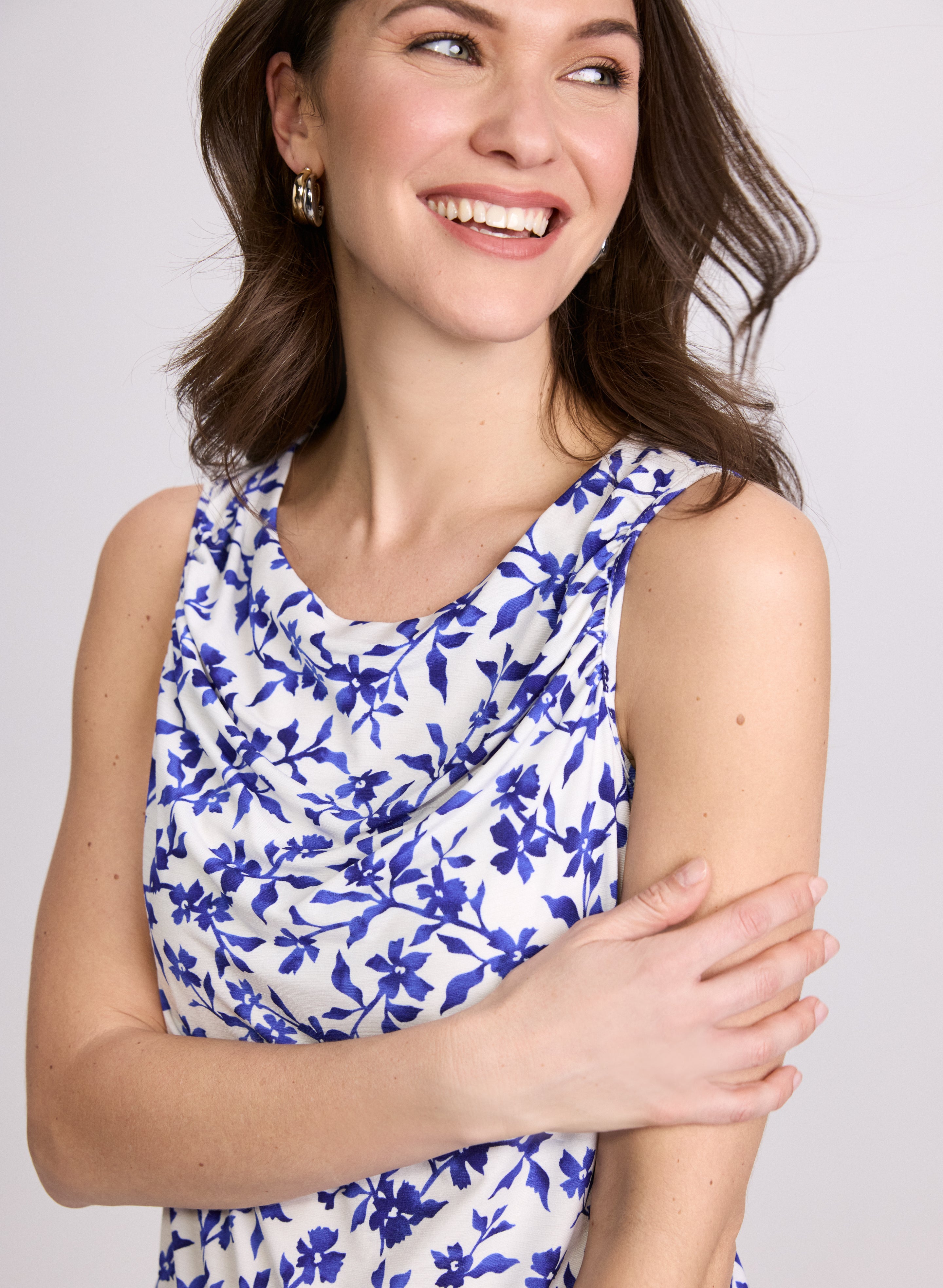 Floral Draped Top Women's Blouse - Elegant Flowy Boho Chic Shirt for Spring Summer, Perfect for Date Night, Beach Vacation & Casual Outings