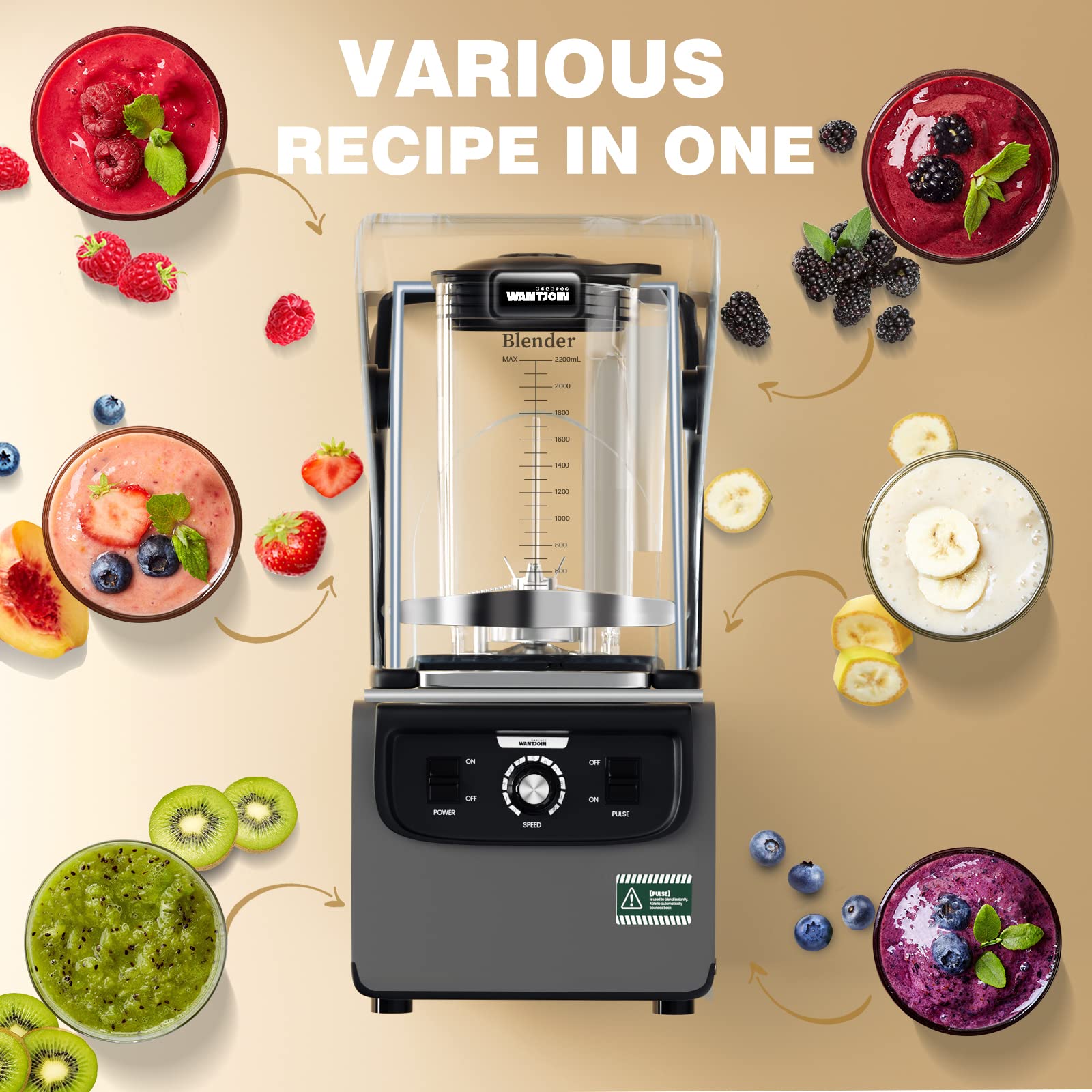 Wantjoin 1800W Professional Commercial Blender - 2200ml Large Capacity, Quiet & Soundproof Design for Smoothies, Ice Crushing, Puree - Perfect for Home Kitchen, Restaurants & Cafes (Grey)