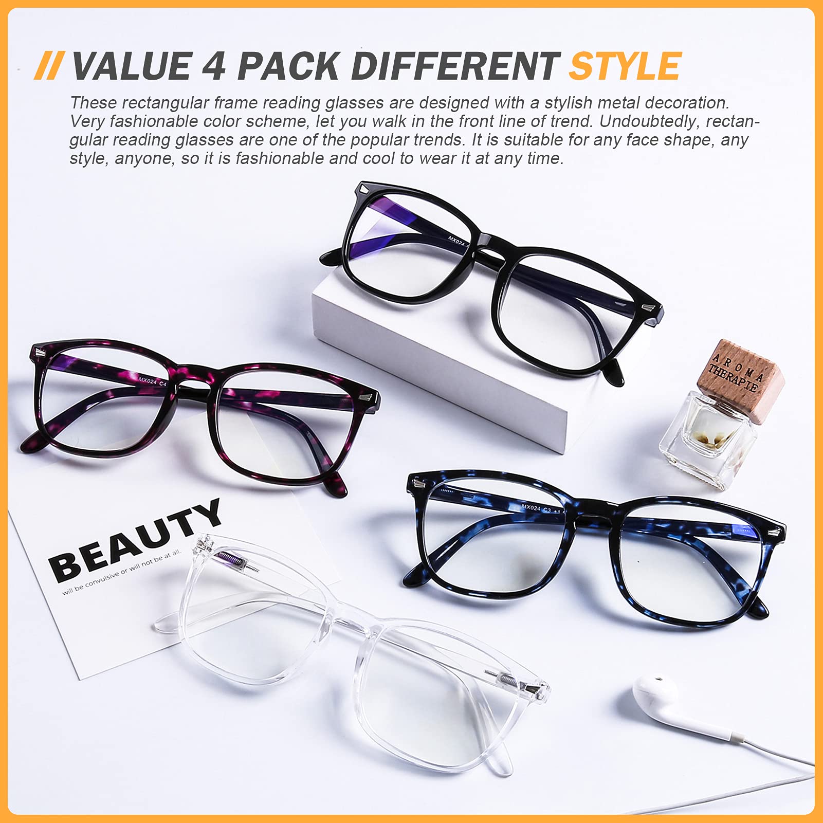 DOOViC 4 Pack Blue Light Blocking Reading Glasses for Women - Anti Eye Strain Computer Glasses with UV Protection (0.0 Strength) - Perfect for Office Work, Online Shopping & Nighttime Screen Use