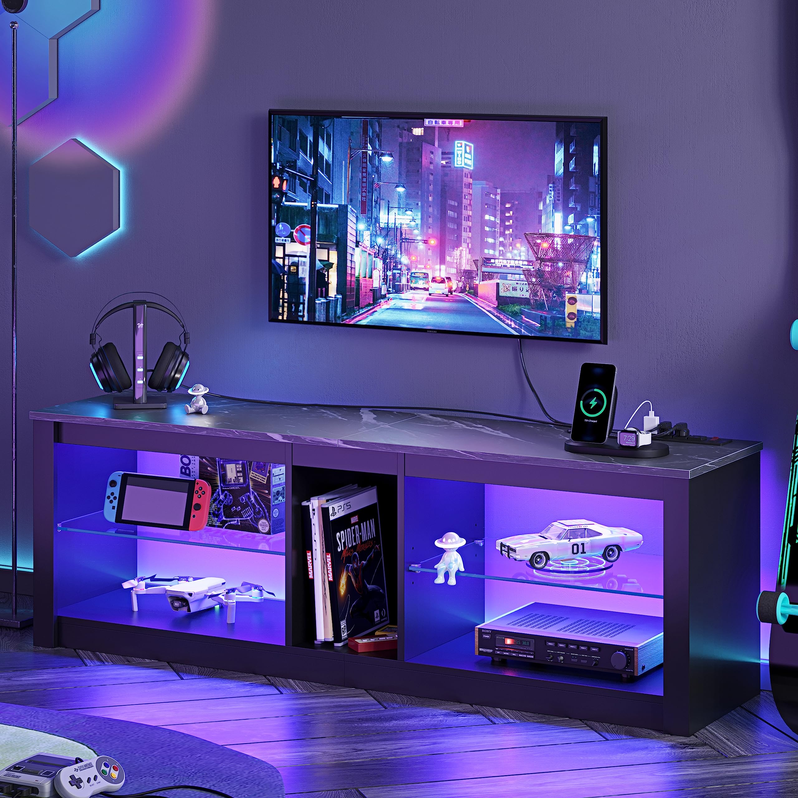 Bestier 55 Inch Modern TV Stand with Power Outlet & Storage - Entertainment Center for 55/60/65 Inch LED TVs - Black Marble TV Cabinet for Living Room, Gaming & Xbox Setup