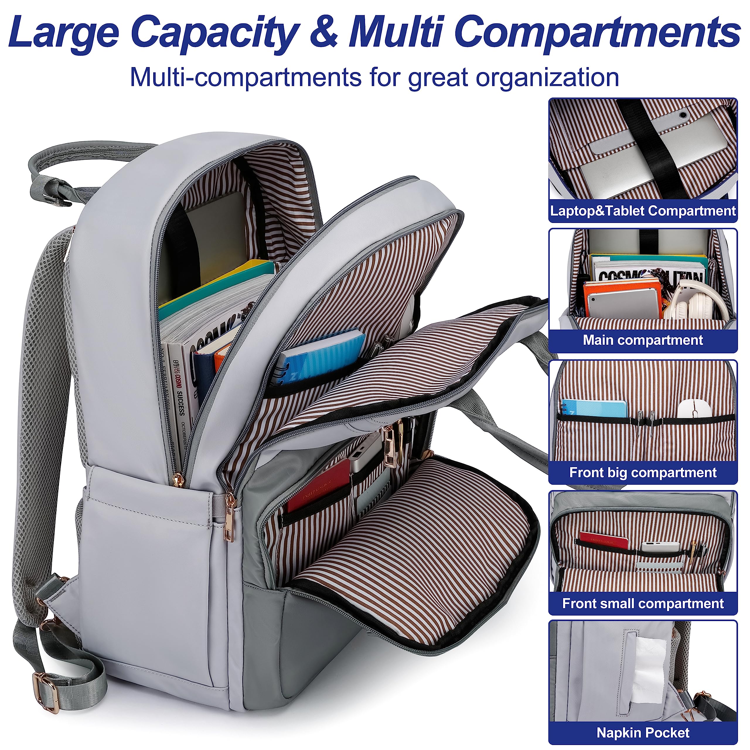 Stylish 17.3 Inch Waterproof Anti-Theft Laptop Backpack for Women - USB Charging Port, Grey-White - Perfect for Work, Travel, Nursing & Teaching Professionals