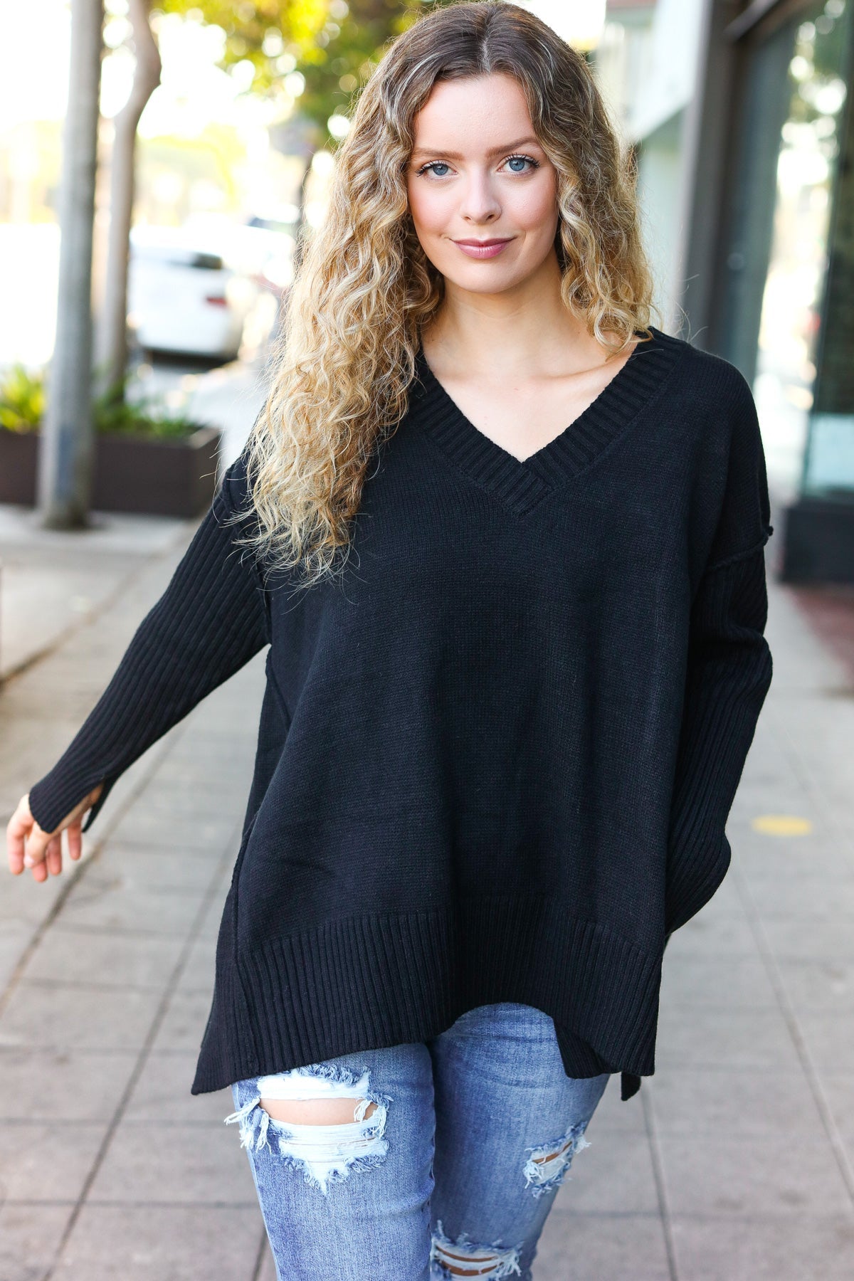 Stylish Black Oversized V-Neck Ribbed Knit Sweater for Women - Cozy & Trendy Fall Winter Pullover for Casual Outings & Layering