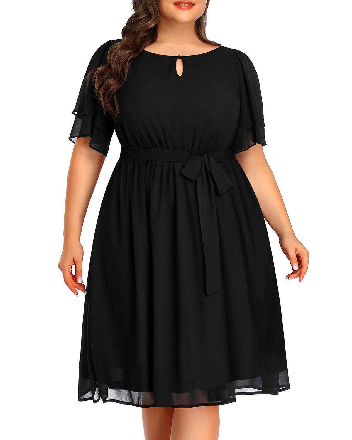 Plus Size Lace Chiffon Wrap V-Neck Midi Dress for Women | Elegant Cocktail & Wedding Guest Dress | Perfect for Parties, Date Nights & Special Occasions