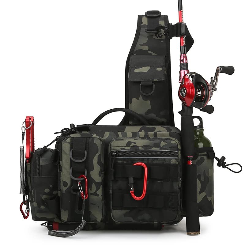 Waterproof Nylon Fishing Backpack with Rod Holder - Fly Fishing Gear Storage Bag for Men, Outdoor Fishing Tackle Organizer, Sling Shoulder Pack for Hiking & Camping (Black Camo)