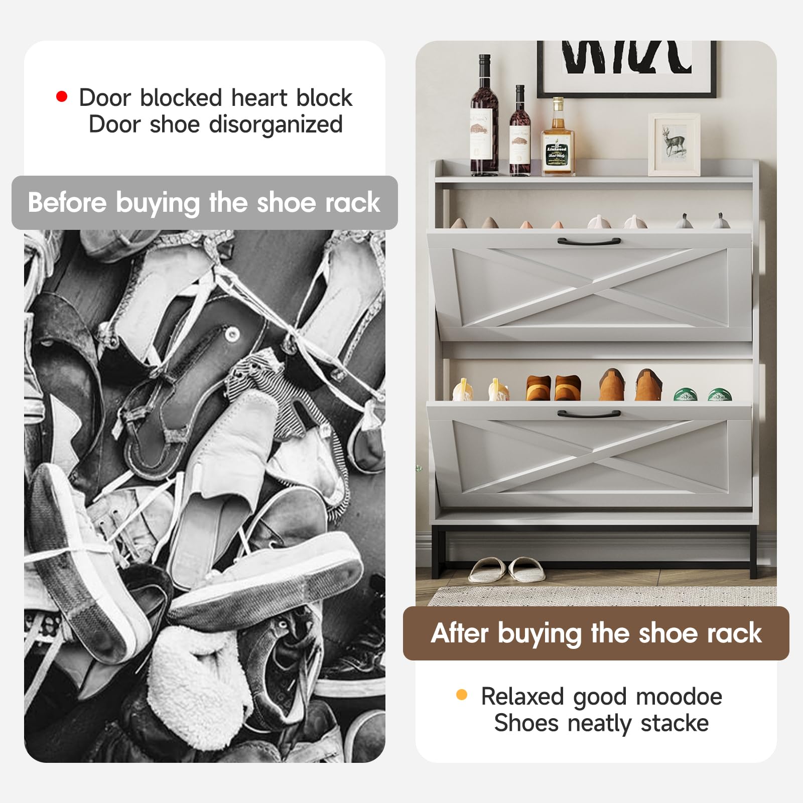 Maupvit Narrow Shoe Cabinet with 2 Flip Drawers - Slim Entryway Shoe Storage Organizer with Metal Legs, Farmhouse Style Free Standing Shoe Rack for Hallway, Living Room & Bedroom Closet Organization