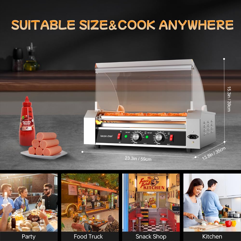 Leconchef Commercial Grade Stainless Steel Electric Hot Dog Roller Machine - 24 Hot Dog 7 Roller Grill Cooker with Detachable Glass Cover, Dust Cover & LED Lights, 1200W - Perfect for Restaurants, Food Trucks, and Convenience Stores