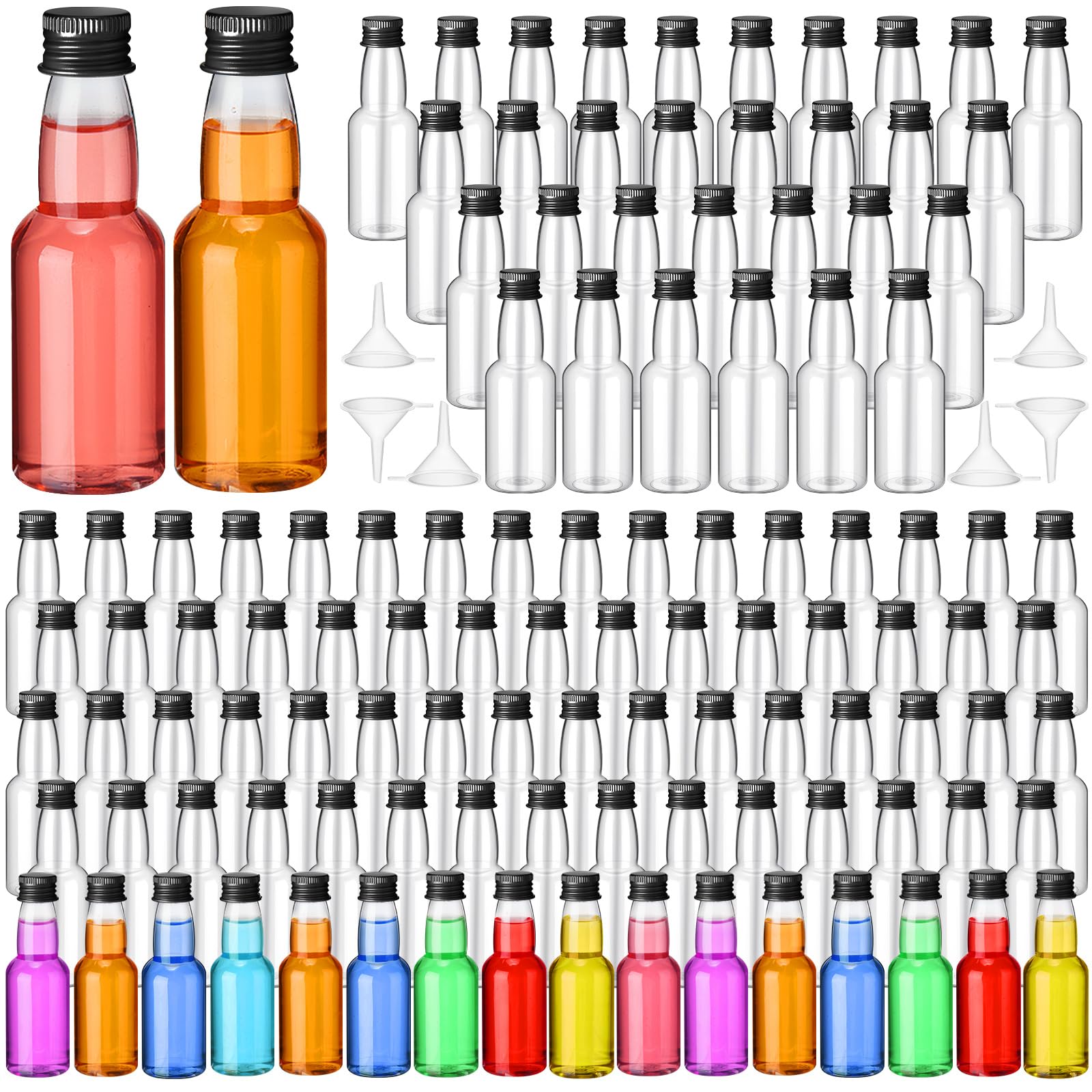 120 Pcs 2 oz Mini Liquor Bottles - Airtight Empty Plastic Shot Bottles with Funnels for Whiskey, Vodka & Cocktails - Perfect for Party Favors, Weddings, DIY Gifts & Home Bar Accessories (Black)