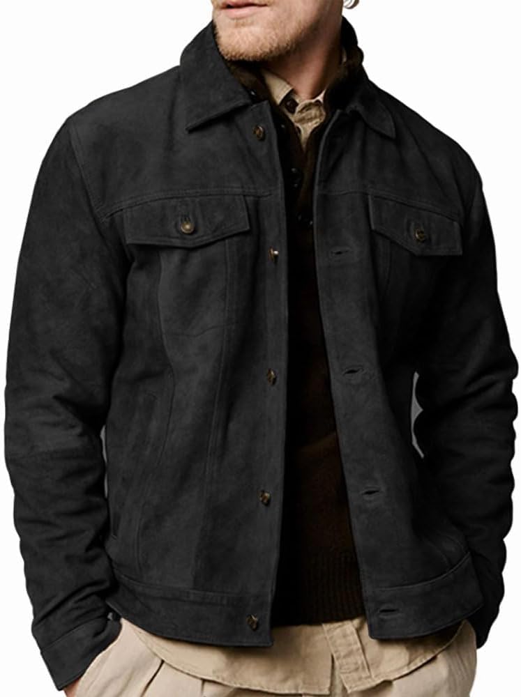 Vintage Trucker Suede Leather Jacket for Men - Genuine Lambskin Shirt Collar Biker Jacket - Perfect for Motorcycle Rides, Casual Outings & Vintage Fashion
