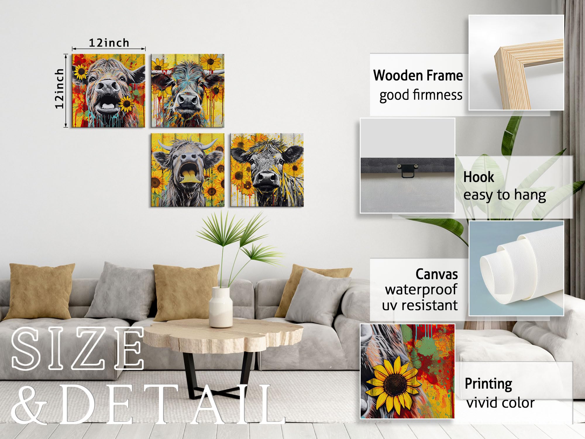 Highland Cow Wall Art - 4-Piece Farmhouse Decor for Living Room