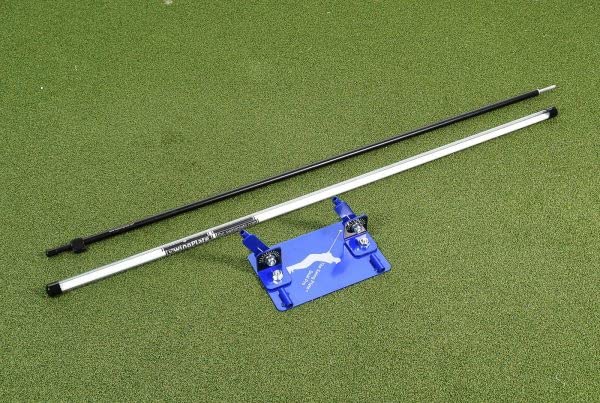 Pro Golf Swing Training Aid - Dual Swing Plate with Alignment Sticks & Extension Pole - Improve Swing Plane & Accuracy - Perfect for Driving Range & Home Practice - InTheHoleGolf
