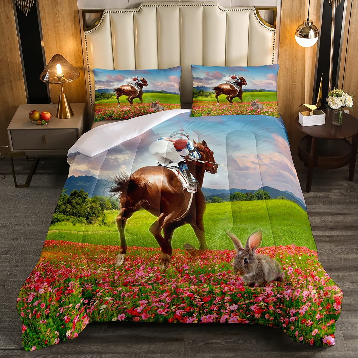 Galloping Horse & Rabbit Printed Comforter Set 3Pcs - Farmhouse Animal Pattern Bedding Collection for Kids Boys Girls - Queen Size Comforter, Pillow Shams & Bed Skirt - Perfect for Farmhouse Themed Bedrooms & Wild Animal Decor