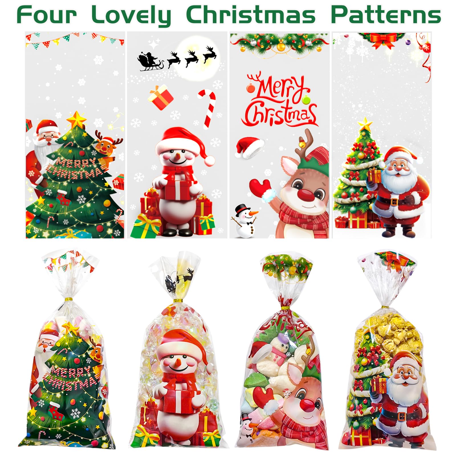 60 PCS Clear Christmas Treat Bags with Ties - Cellophane Candy Bags for Holiday Snacks, Gifts & Party Favors | 4 Styles | Perfect for Christmas Parties, Gift Wrapping & Goodie Bags