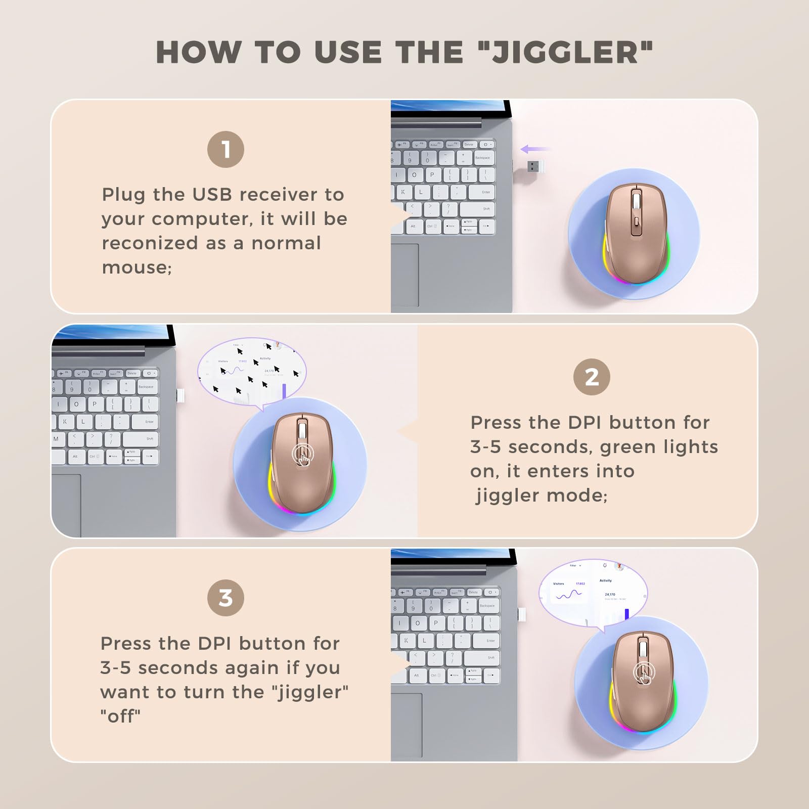 PEIOUS Wireless Mouse Jiggler - Undetectable Random Movement USB Rechargeable Mouse with Built-in Mover, Keeps Computer Awake for Laptop/PC - Gold | Perfect for Remote Work, Online Meetings & Preventing Screen Timeout
