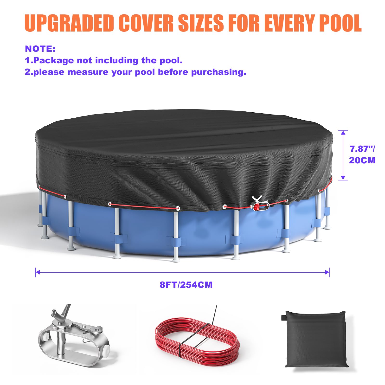 8Ft Round Pool Cover for Above Ground & Inflatable Pools - Heavy Duty Waterproof Dustproof Cover with Reinforced Steel Rope for Enhanced Stability - Perfect for Winter Protection, Summer Maintenance, and Year-Round Pool Safety