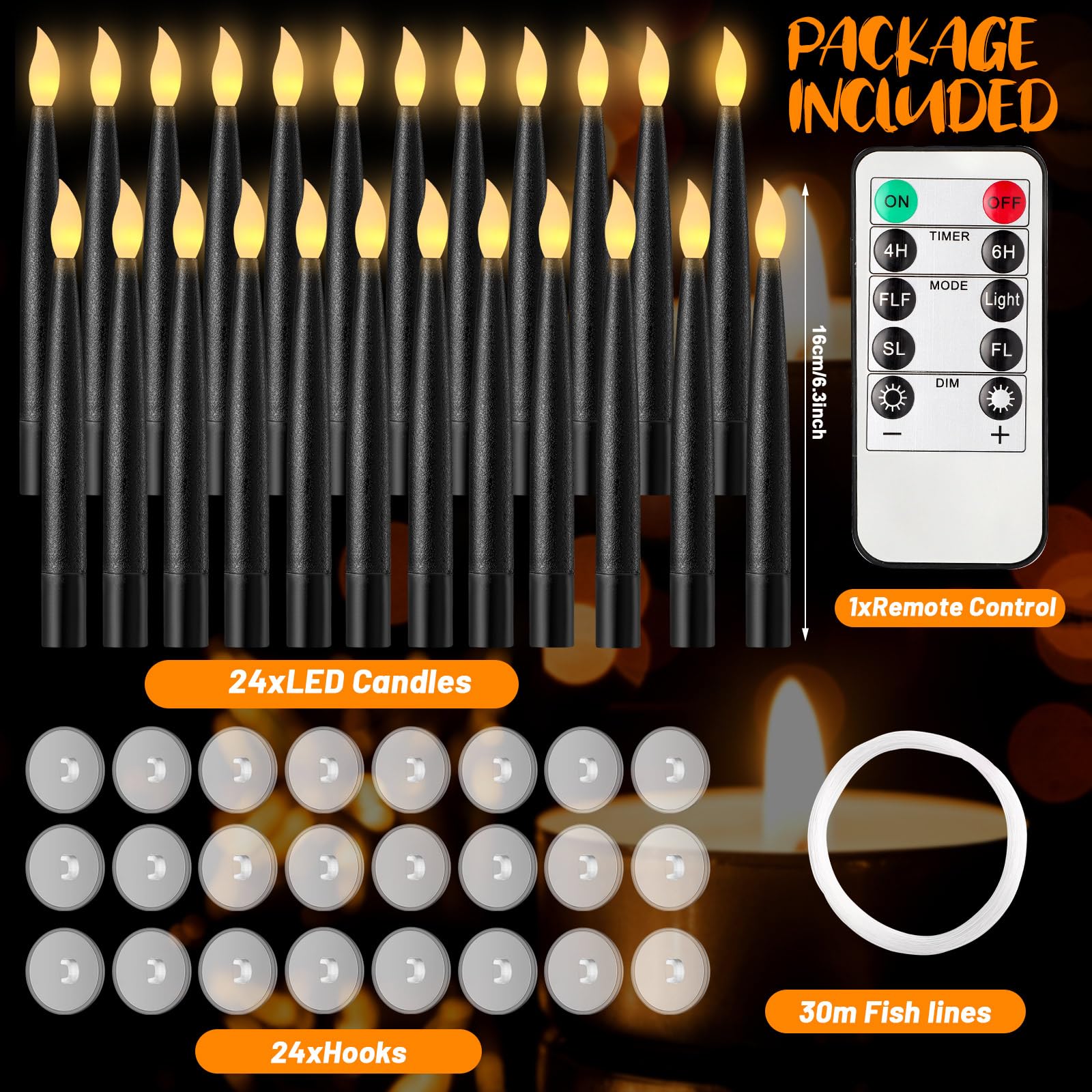 24 Pack Flameless LED Hanging Candles - Battery Operated Halloween Decor with Warm White Light (6.3 Inch Black Taper Candles) Perfect for Spooky Party, Haunted House, and Magical Floating Candle Displays