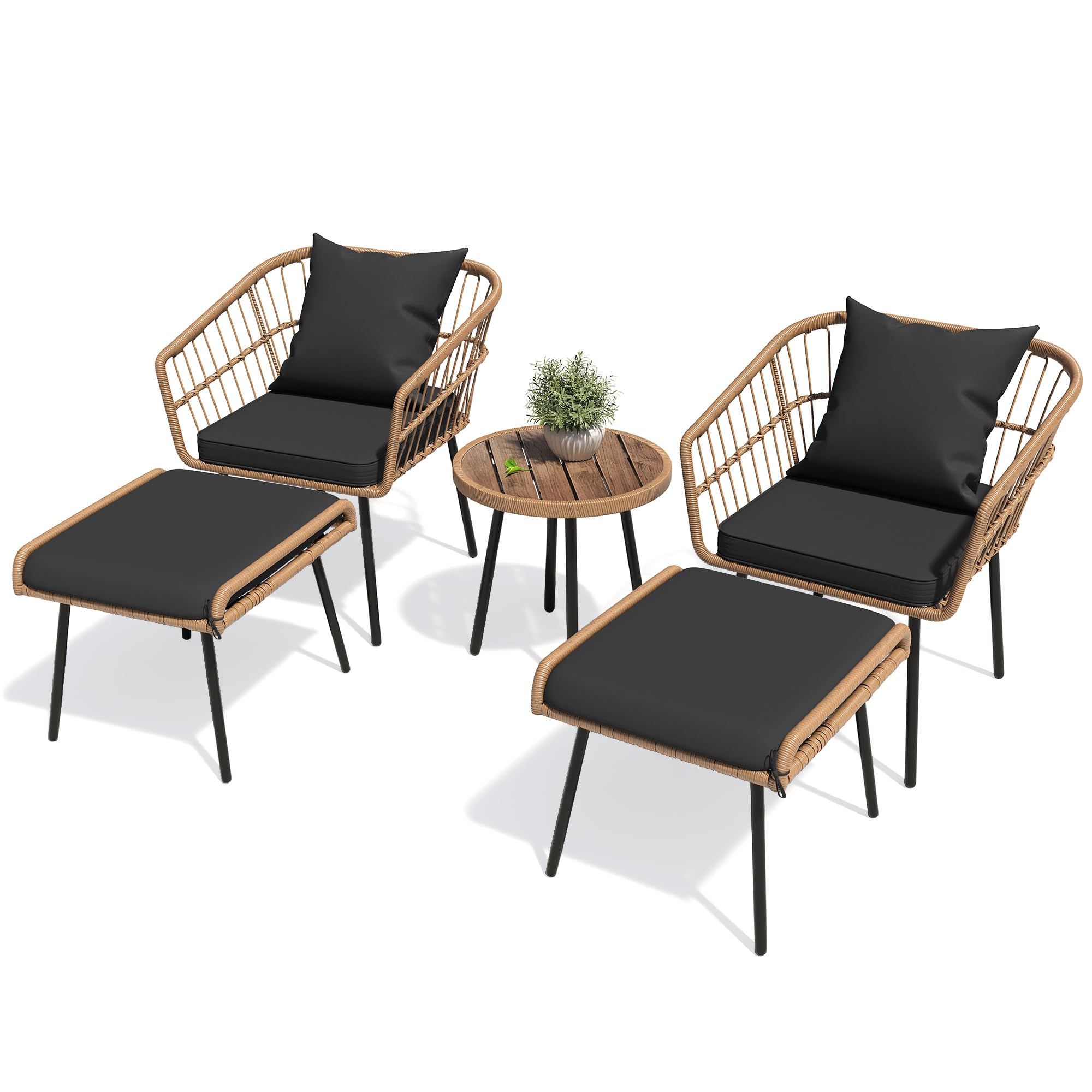 YITAHOME 5-Piece All-Weather Outdoor Wicker Furniture Set - Patio Bistro Set with Footrest, Coffee Table & Ottomans, Black - Perfect for Small Balcony, Garden or Backyard Relaxation