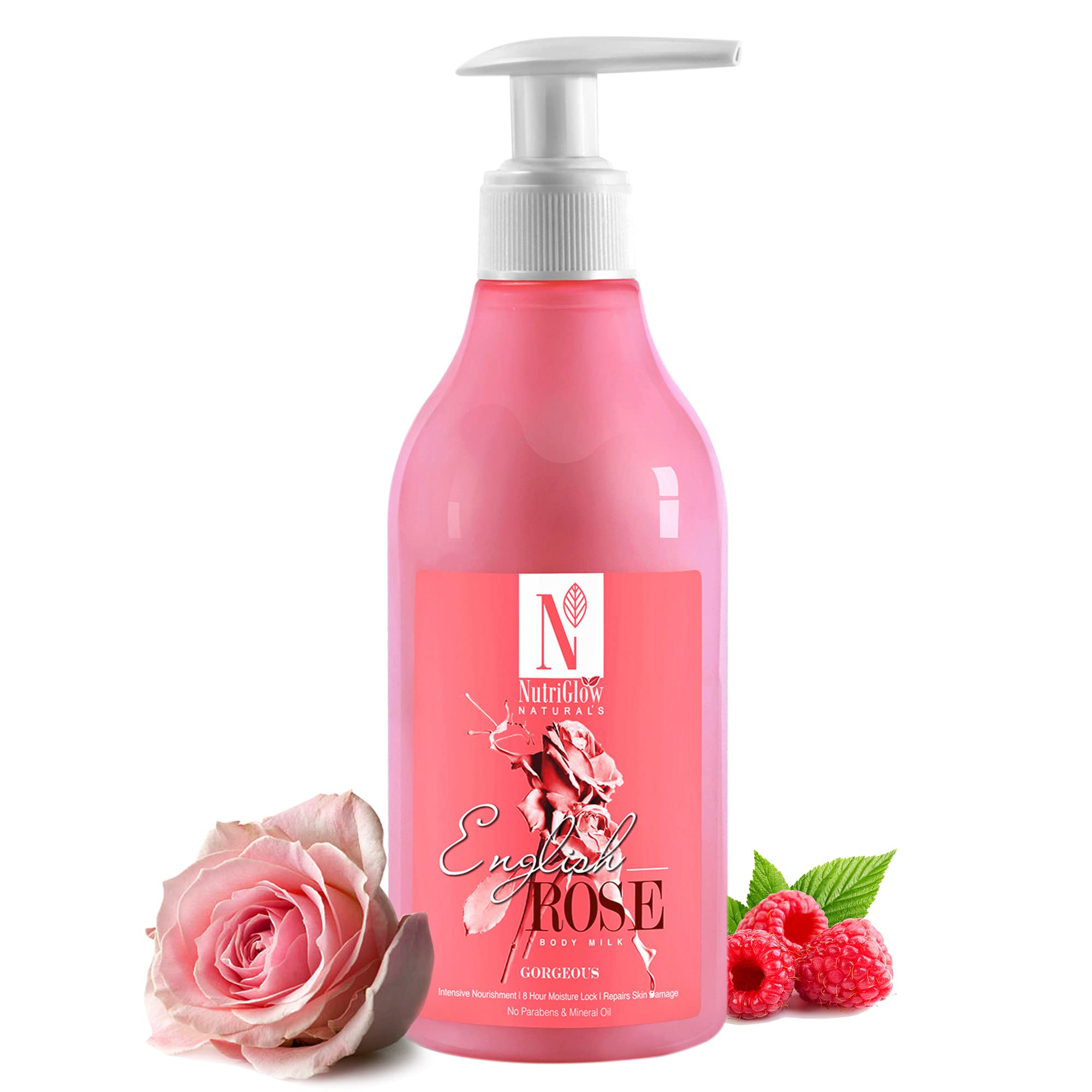 NutriGlow NATURAL'S English Rose Body Milk - Intensive Nourishment & 8 Hour Moisture Lock for Dry Skin | Repairs Skin Damage, Paraben-Free with Mineral Water, 300ml | Perfect for Daily Hydration & Post-Shower Skincare Routine