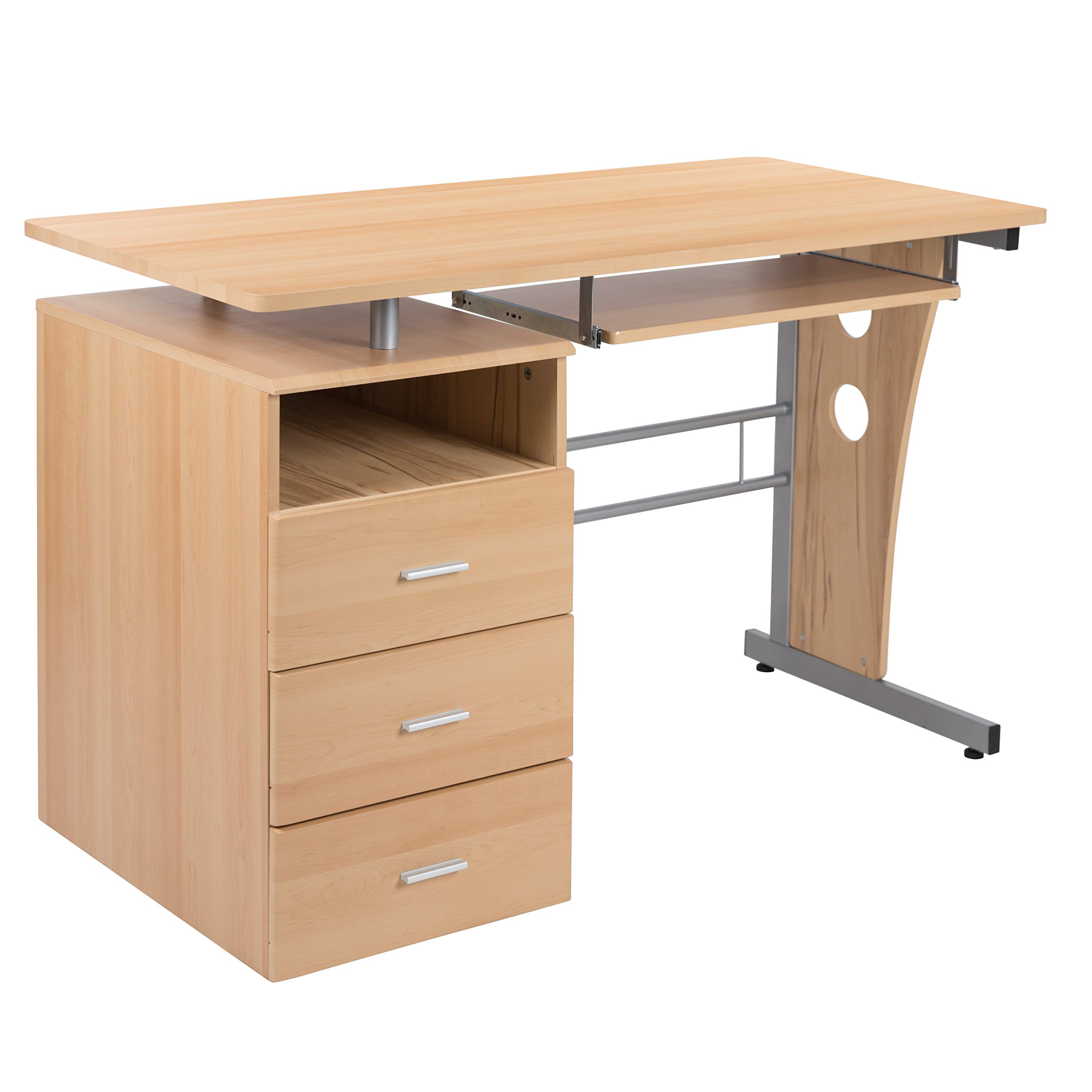 Solid Maple Wood Desk with 3 Drawers, Single Pedestal & Pull-Out Keyboard Tray - Perfect for Home Office, Study Room or Small Workspace