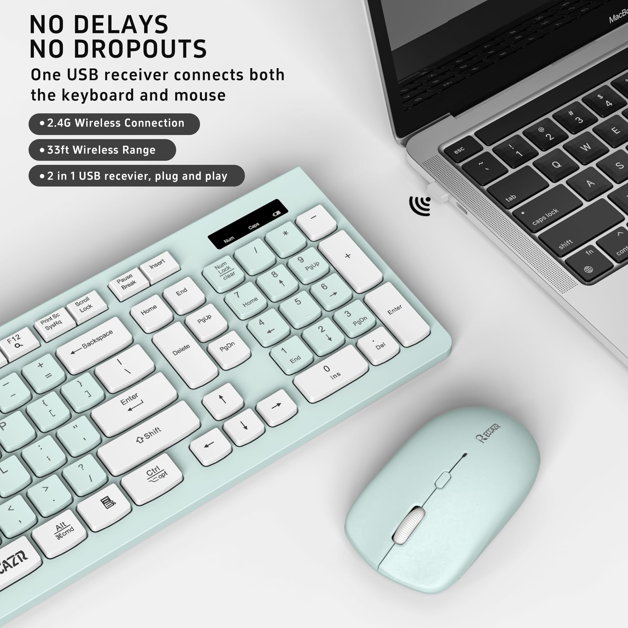 Wireless Keyboard and Mouse Combo - Full-Sized Ergonomic Keyboard with Adjustable DPI Mouse, 2.4GHz USB Receiver for PC, Laptop, Desktop - Compatible with Windows 10/11 (Mint Green & White) | Perfect for Office Work, Gaming & Home Computing