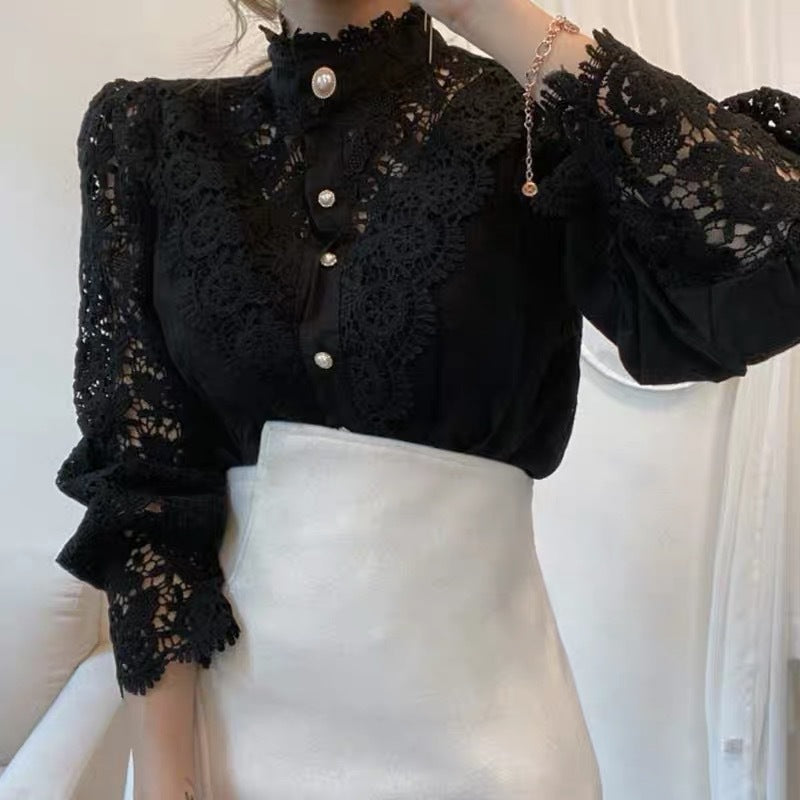 French Loose Lace Hollow Floral Long Sleeve Stand Collar Blouse for Women - Elegant Office Wear & Spring Fashion Top 724