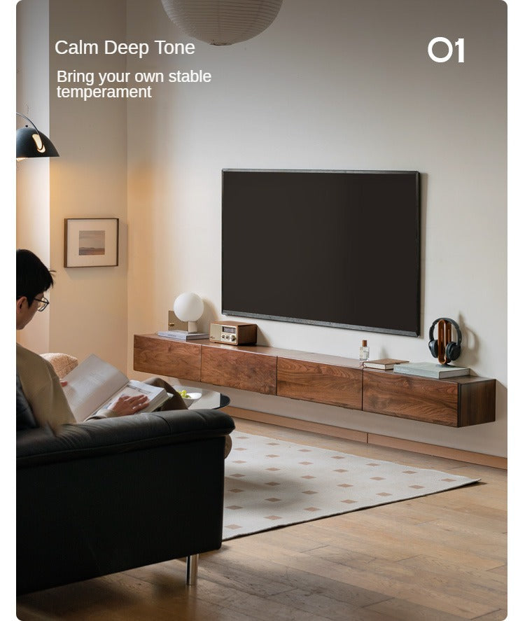 Black Walnut Solid Wood Floating TV Stand - Wall Mounted Entertainment Center for Living Room, Bedroom & Home Theater