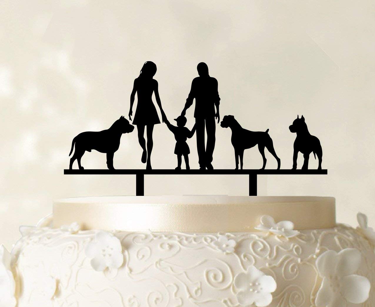 Custom Family Cake Topper with Dogs Silhouette - Personalized Wedding Cake Decorations (6-7 Inches Wide) for Anniversary, Birthday & Special Occasion Celebrations