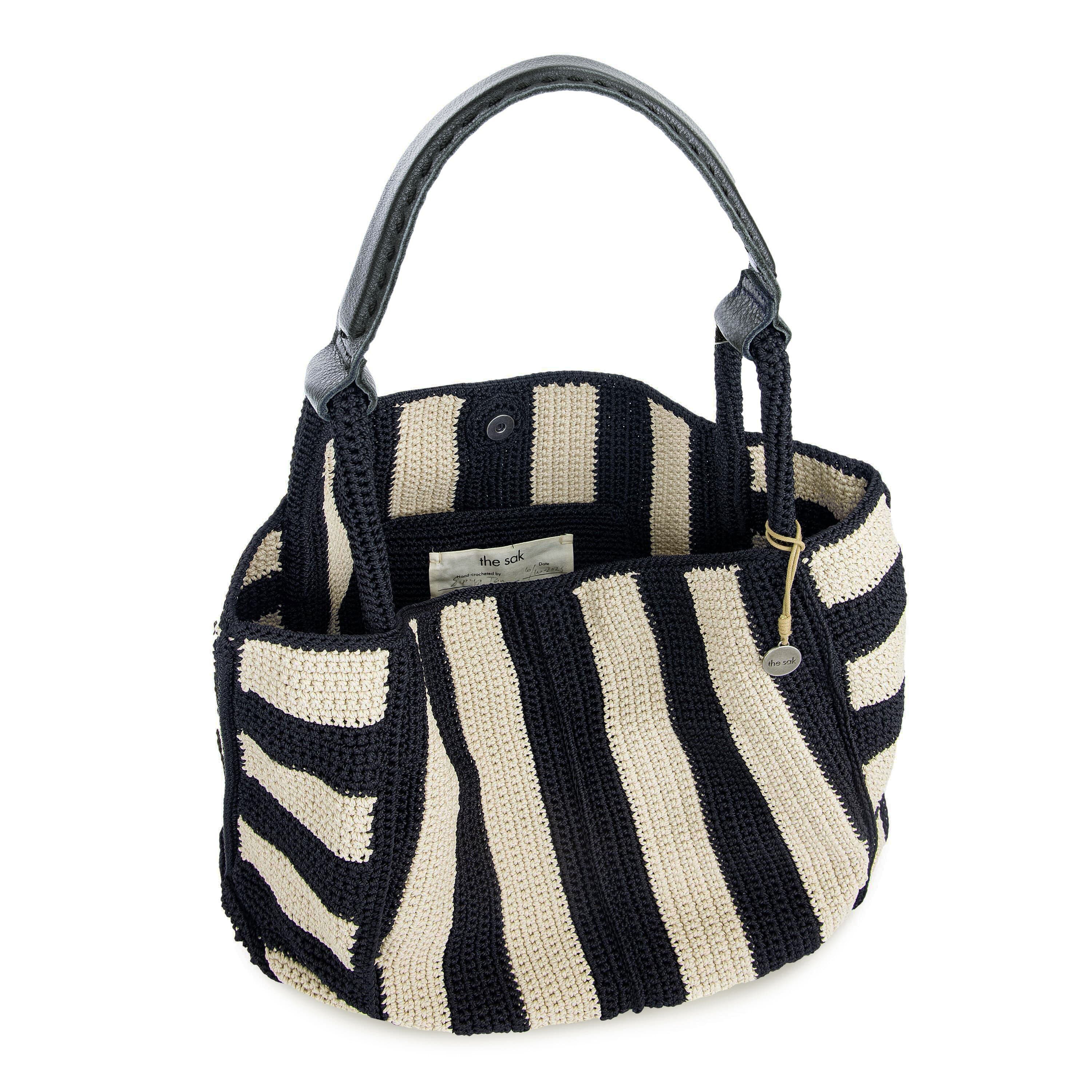 Los Feliz Large Hand Crochet Tote Bag - Black Stripe Design - Perfect for Beach, Shopping & Everyday Use