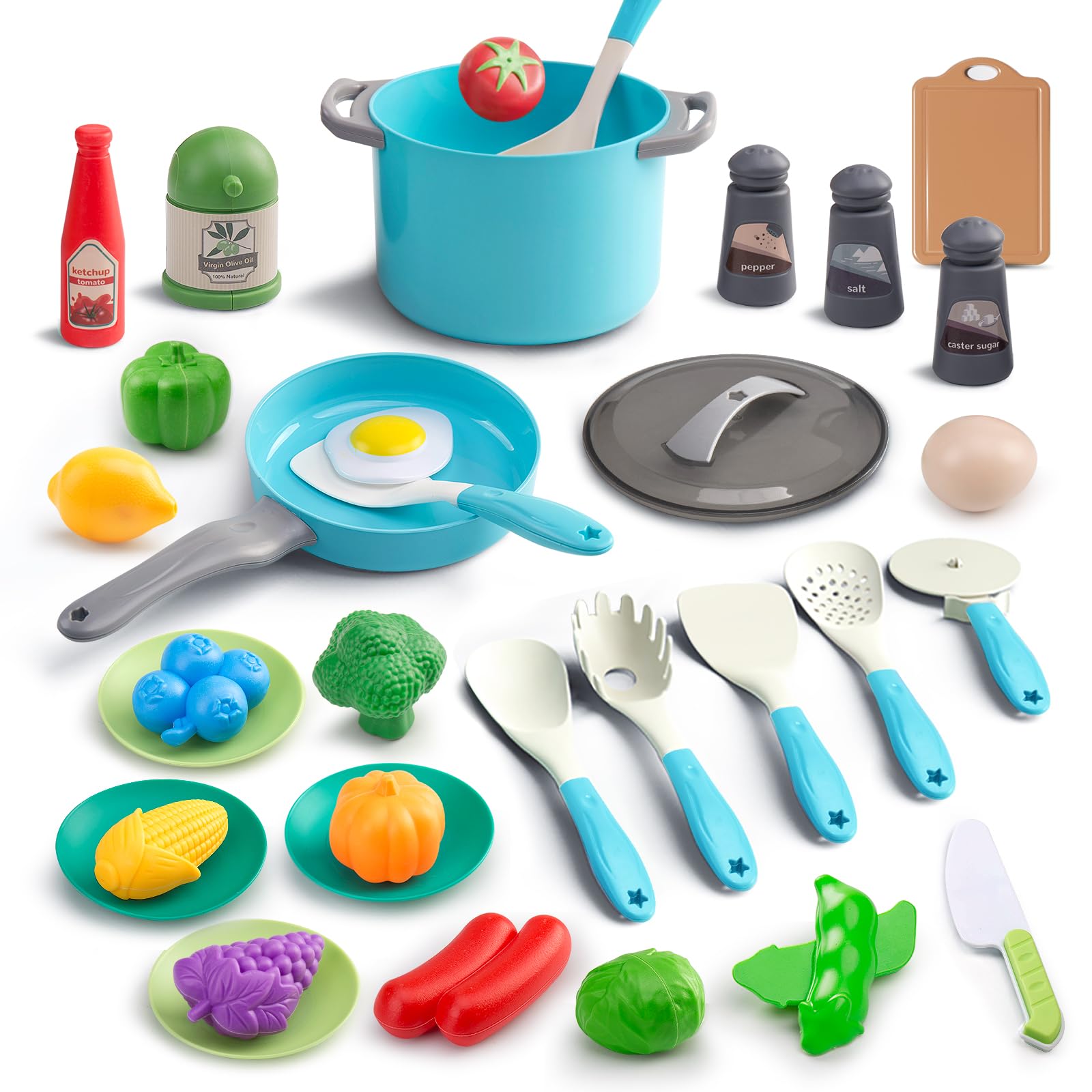 35Pcs Kids Kitchen Toy Accessories Set - Pretend Play Cooking Utensils with Pots, Pans, Toy Vegetables & Cookware - Educational Learning Gift for Toddlers & Preschoolers (Turquoise) - Perfect for Role Play, Birthday Gifts & Early Childhood Development