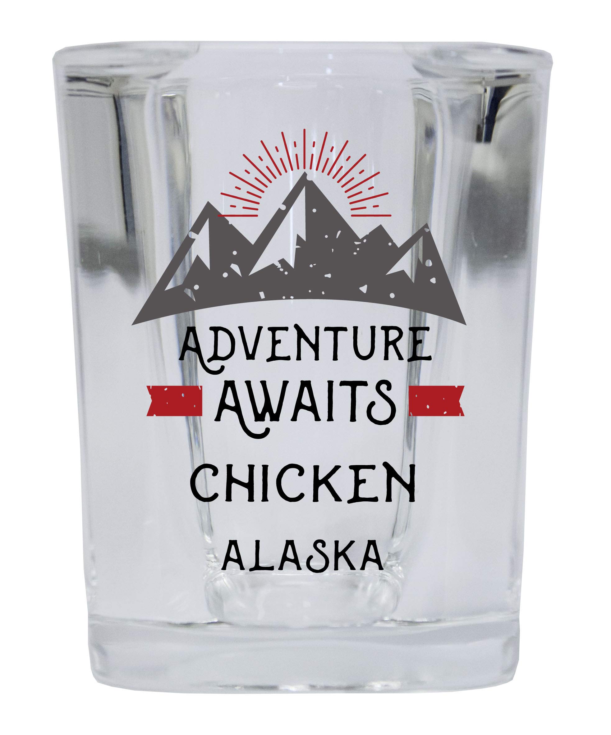 Alaska Chicken Souvenir 2oz Square Base Shot Glass with 'Adventure Awaits' Design - Perfect for Whiskey, Tequila & Cocktail Parties, Camping Trips & Cabin Decor
