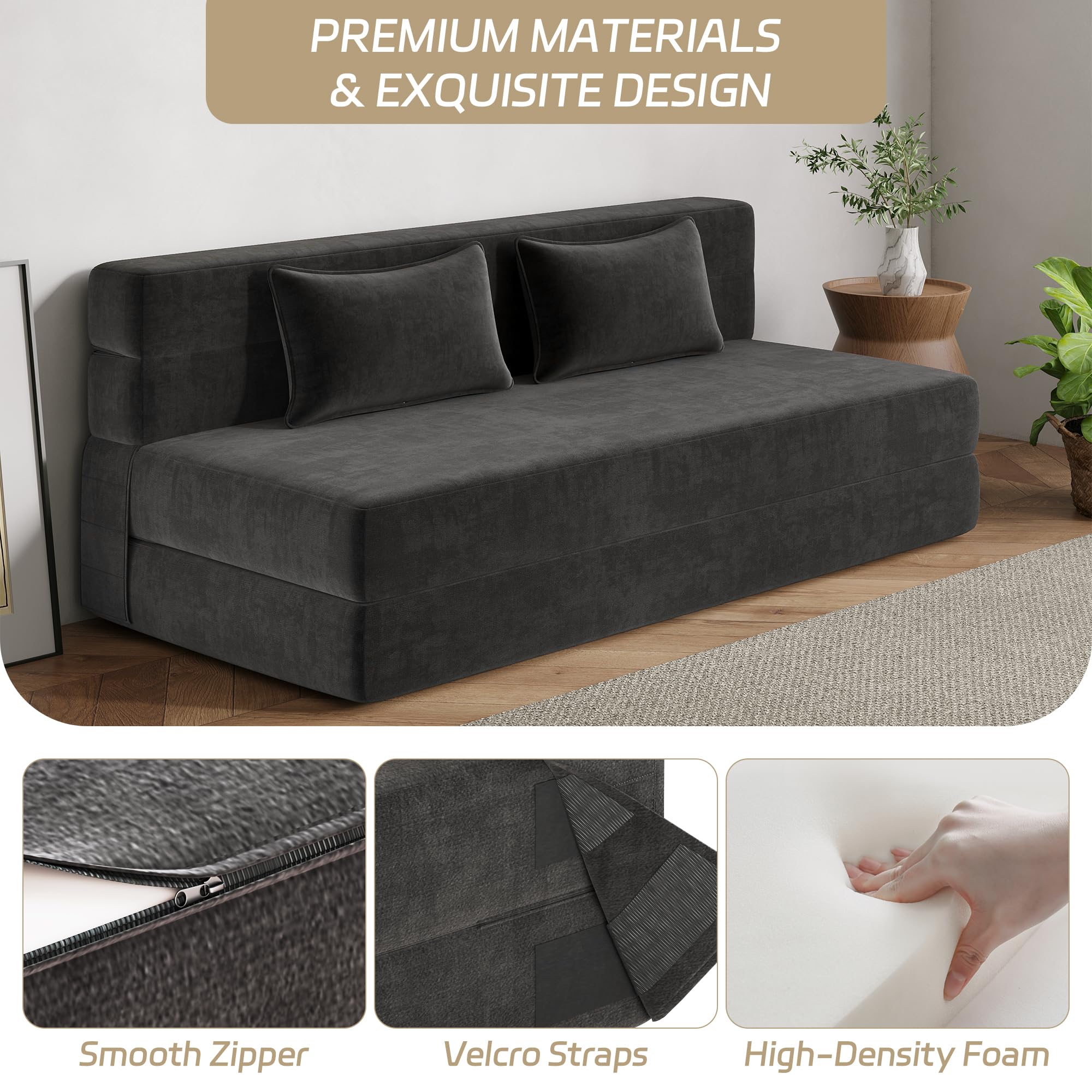 Luoxiao Queen Size Folding Sofa Bed Convertible Sleeper Chair with Pillows - Foldable Futon Floor Sofa for Living Room, Dorm, Guest Room - Washable Dark Grey Cover - Perfect for Small Spaces, Lounging & Overnight Guests