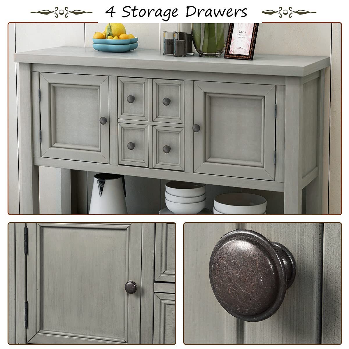 46 Inch Solid Wood Console Table with 4 Drawers & 2 Doors - Buffet Sideboard Sofa Table with Bottom Display Shelf for Living Room, Kitchen, Dining Room, Entryway & Hallway - Perfect for Storage & Home Decor