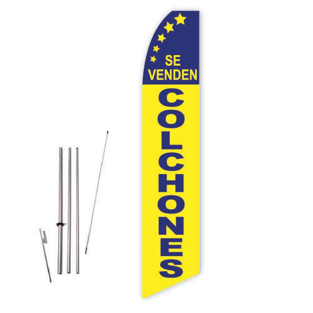 Super Novo Feather Flag with 15ft Pole Set & Ground Spike - Vibrant Yellow/Blue Mattress Advertising Banner for Outdoor Sales Events, Grand Openings & Retail Promotions