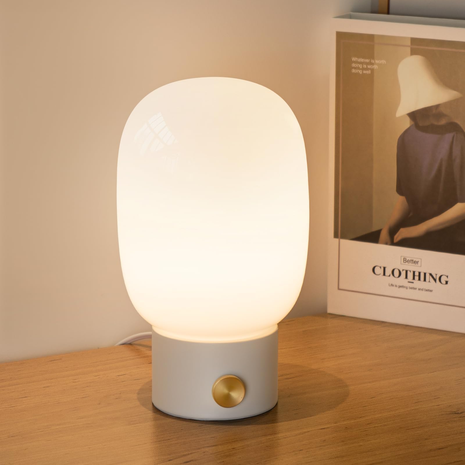 ONEWISH Modern Dimmable Table Lamp with Warm LED Bulb - Adjustable Rotary Switch Glass Nightstand Light for Bedroom, Living Room & Office - Soft White Lighting for Reading, Relaxing & Decor