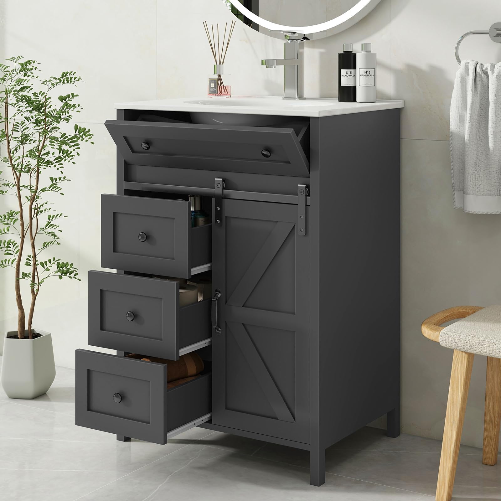 Vabches Freestanding Bathroom Vanity Set with Sink & Matte Silver Faucet - 36 Inch Bath Storage Cabinet with Sliding Doors, Drawers & Countertop - Modern Grey Bath Vanity for Small Spaces, Powder Room or Master Bath Remodel