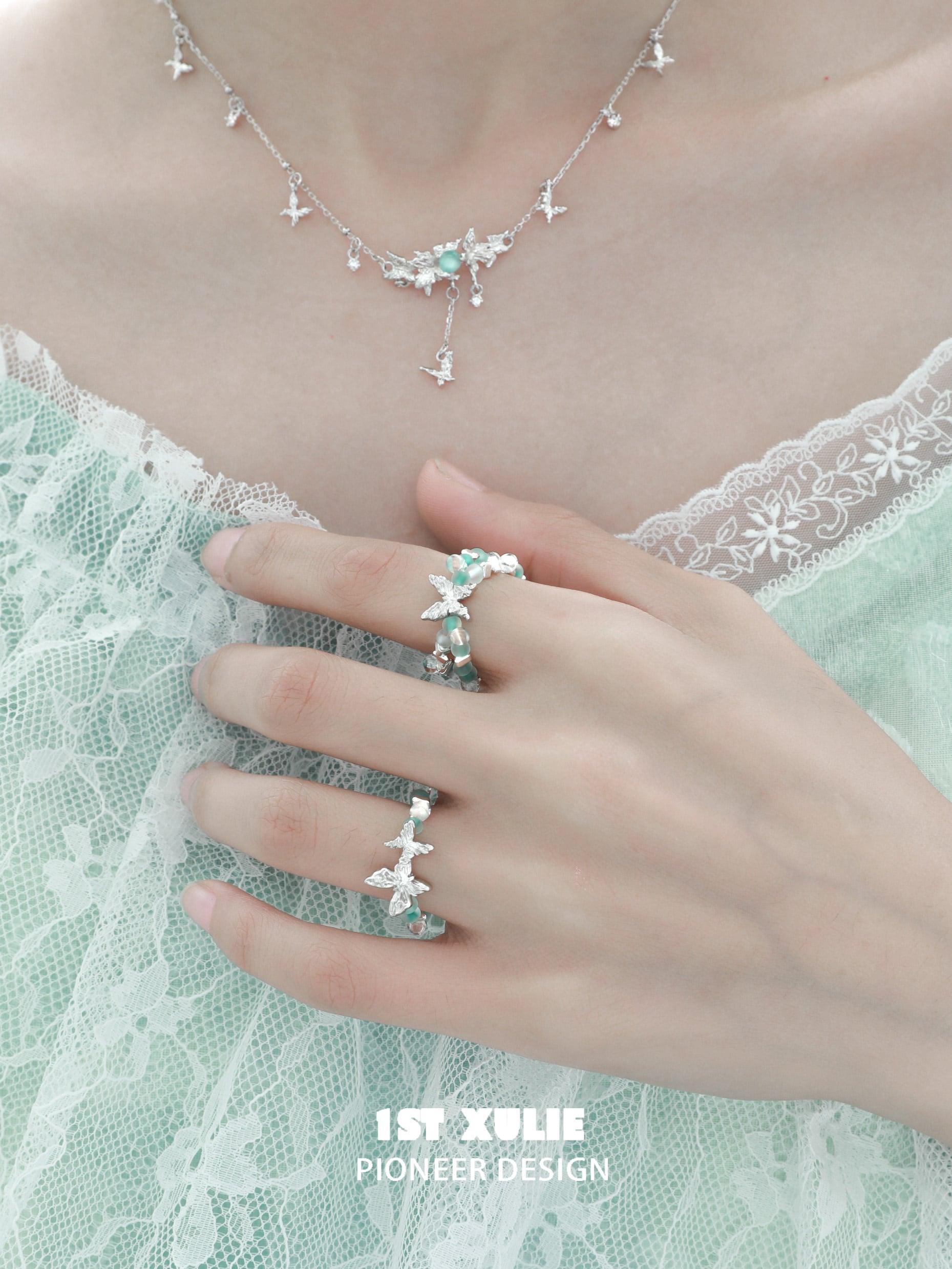 Whiterfly S925 Sterling Silver Beaded Butterfly Rings for Women - Elegant Adjustable Stackable Jewelry Gift for Her - Perfect for Weddings, Parties & Everyday Wear