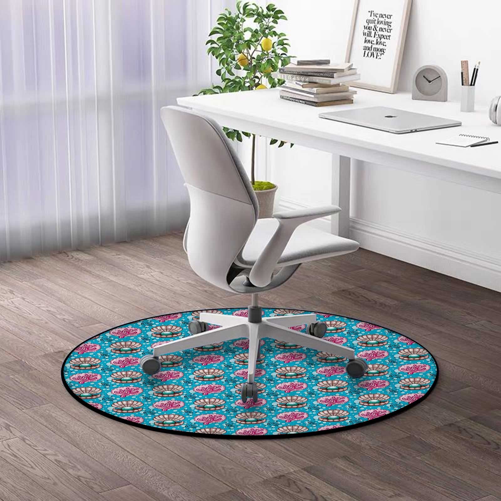 51 Inch Round Non-Slip Bath Rug with Pearls - Heavy Duty Chair Mat for Carpet in Blue, Pink & Tan - Office Chair Floor Protector for Computer Desk & Home Workspace