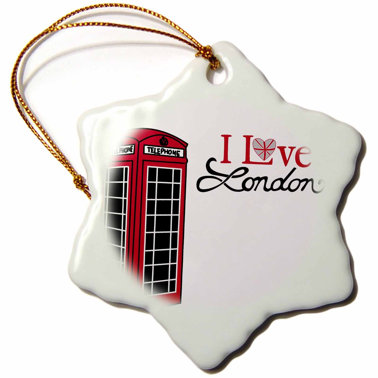 3D Rose I Love London Red Telephone Booth Snowflake Ornament - 3 Inch Porcelain Christmas Tree Decoration for Holiday, UK Theme Party & British Souvenir Gifts