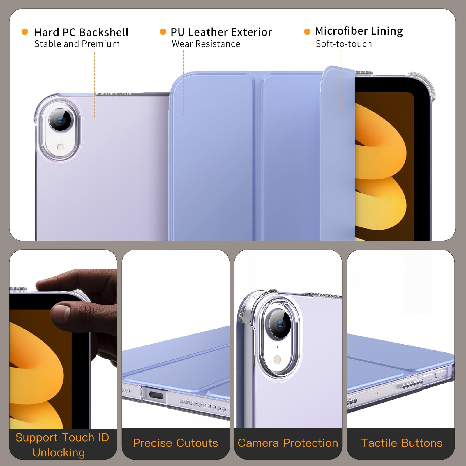MoKo Slim Lightweight Protective Case for iPad Mini 7 (A17 Pro) 2024 & iPad Mini 6 2021 - 8.3-inch Hard Back PC Shell with Stand Cover | Supports Touch ID, Auto Wake/Sleep | Grayish Purple | Perfect for Work, Travel & Home Use