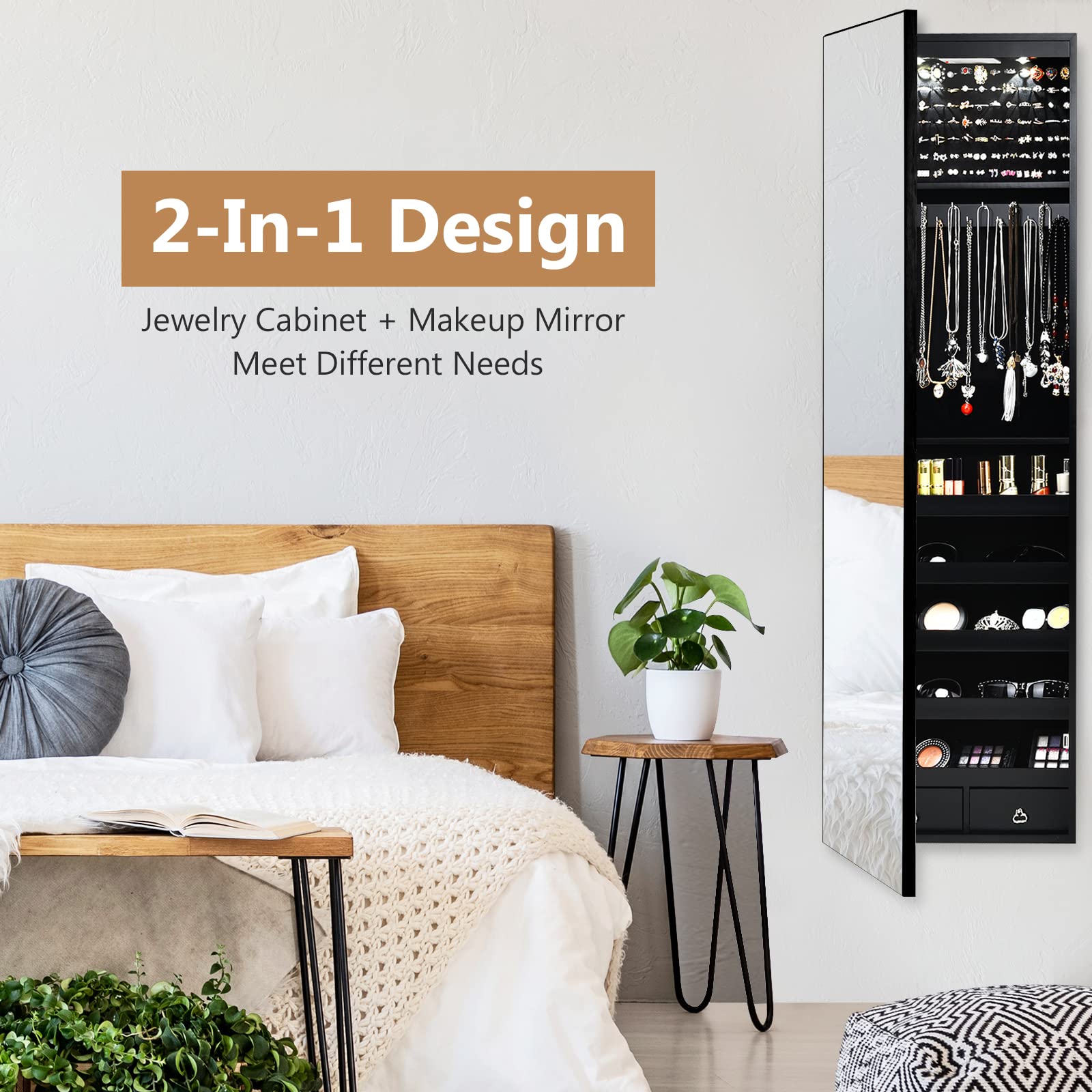 COSTWAY Hanging Jewelry Organizer with Full-Length Mirror & LED Lights - Wall Mount Jewelry Cabinet with Lock, Large Storage for Necklaces, Rings, Earrings - Perfect for Bedroom, Closet & Dressing Room (Black)