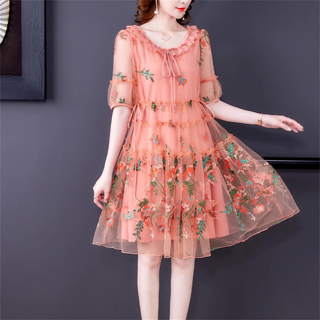 Floral Embroidery Mesh Ruffled Collar Midi Dress for Women - Summer Hollow Out Sexy Korean Style Elegant Dress for Date Night, Wedding Guest & Vacation Outfits
