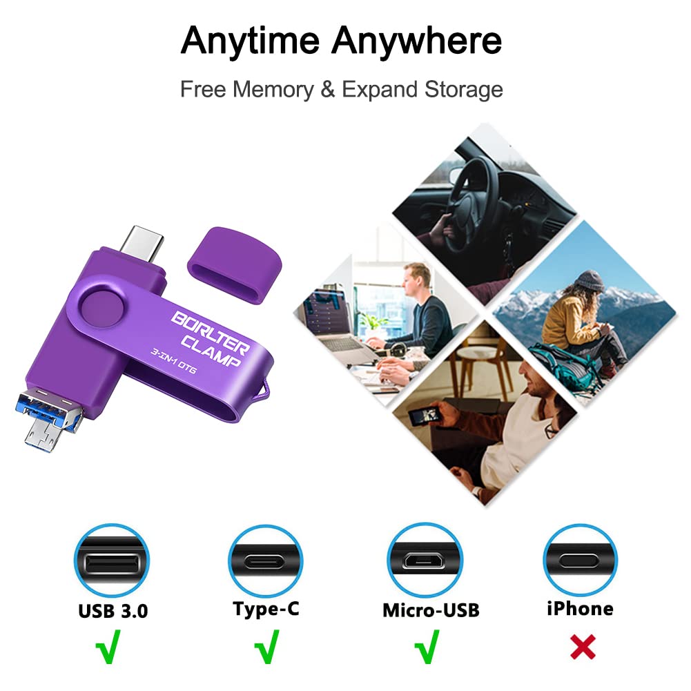 128GB 3-in-1 OTG Flash Drive for Android, USB-C, Micro USB, USB-A - Transfer Photos & Files Between Phones, Tablets & PCs