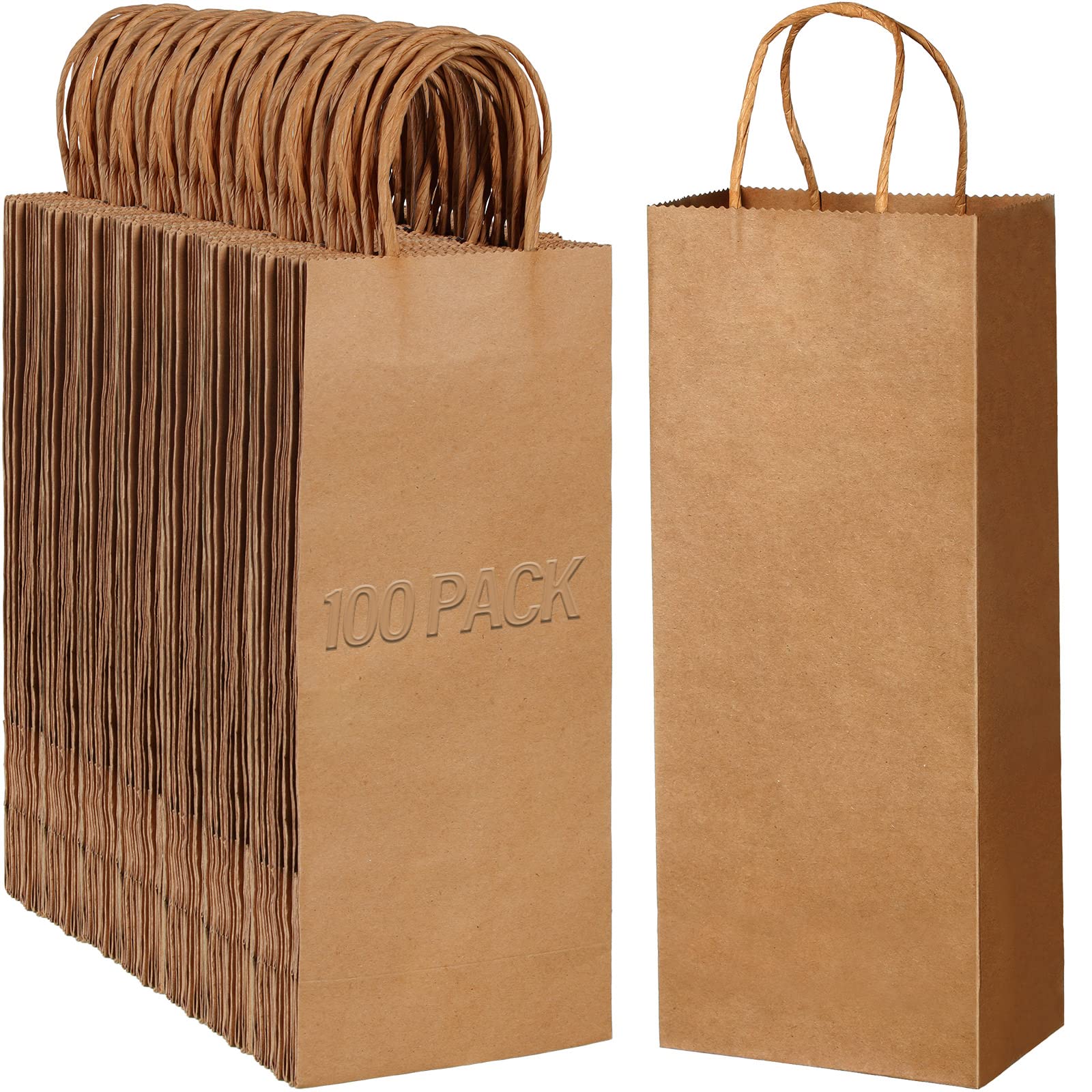 Eco-Friendly Kraft Brown Wine Gift Bags with Handles - 13 x 5.3 x 3.3 Inch Bulk 100-Pack - Perfect for Wine Bottle Wrapping, Party Favors & Small Business Gift Packaging
