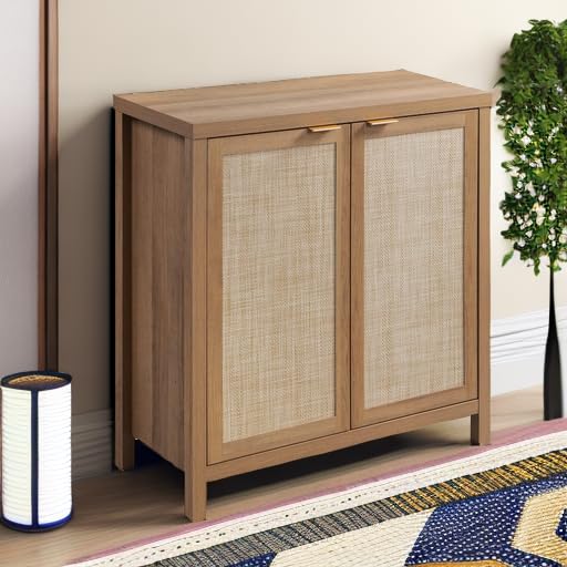 SICOTAS Sideboard Buffet Storage Cabinet - Large Boho Credenza with Rattan Doors - Farmhouse Coffee Bar Cabinet for Kitchen & Dining Room - Oak Wood Console Table - Perfect for Home Decor, Entertaining & Extra Storage