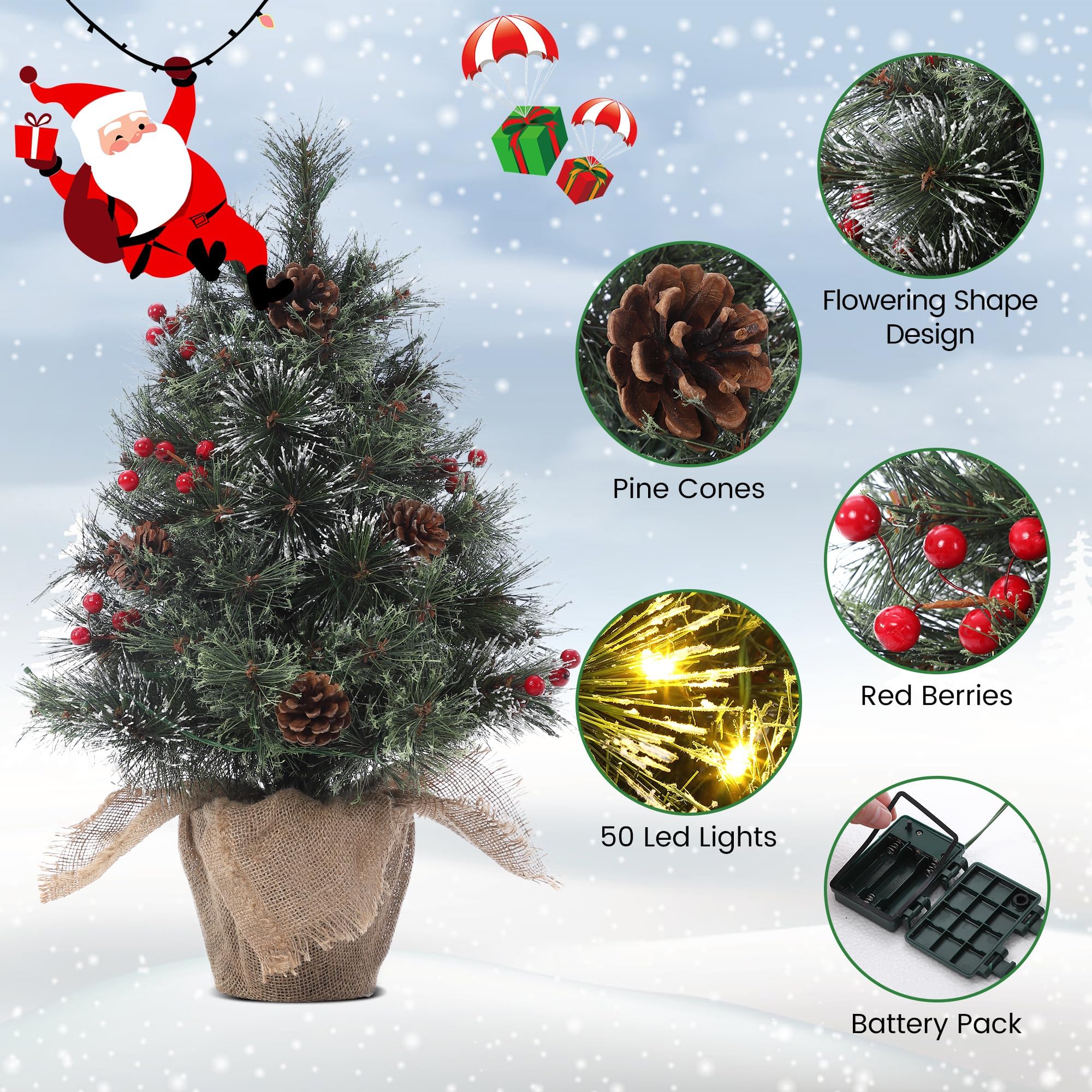 2ft Pre-Lit Flocked Mini Christmas Tree with 50 Warm White LED Lights, Pine Cones & Red Berries - Small Tabletop Holiday Decor with Decorative Burlap Base | Perfect for Office Desk, Mantel, Side Table & Christmas Home Décor