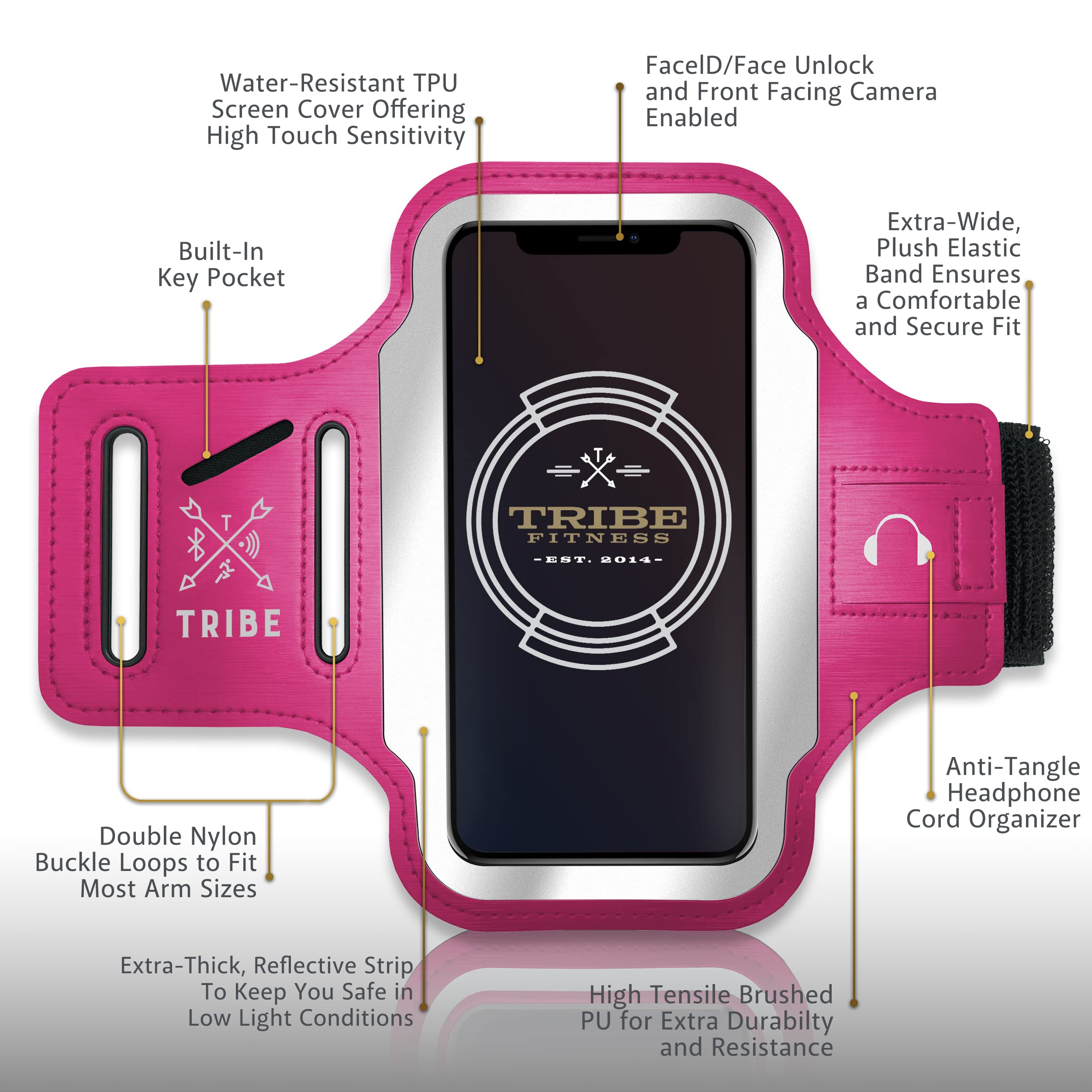 TRIBE Running Phone Holder Armband for iPhone & Galaxy - Adjustable Sports Armband for Women & Men - Perfect for Running, Jogging, Walking & Gym Workout - Fits All Smartphones with CC/Key Pocket - Ideal for Outdoor Activities & Fitness Tracking